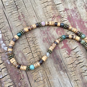 Mens Beaded Necklace, Mens Beach Necklace, Rustic Necklace, Nautical Jewelry, Women's Necklace, Jasper Brass Necklace, Coconut Necklace image 8