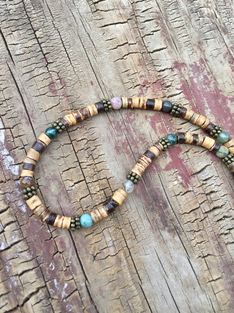 Mens Beaded Necklace, Mens Beach Necklace, Rustic Necklace, Nautical Jewelry, Women's Necklace, Jasper Brass Necklace, Coconut Necklace image 8