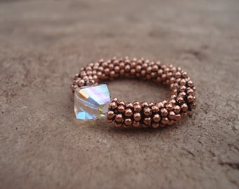 Womens Stretch Ring, Opalescent Crystal Ring, Crystal Jewelry, Copper Jewelry, Copper Beaded Ring, Gemstone Ring, Gypsy Ring, Gift For Her