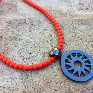 Sun Pendant Necklace, Beaded Orange Necklace, Coral Necklace, Beach Necklace, Beach Jewelry, Toggle Necklace, Nature Jewelry, Boho Necklace image 2