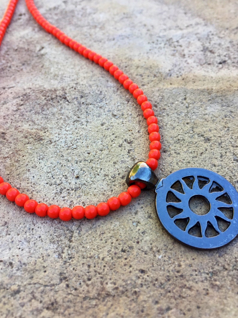 Sun Pendant Necklace, Beaded Orange Necklace, Coral Necklace, Beach Necklace, Beach Jewelry, Toggle Necklace, Nature Jewelry, Boho Necklace image 2