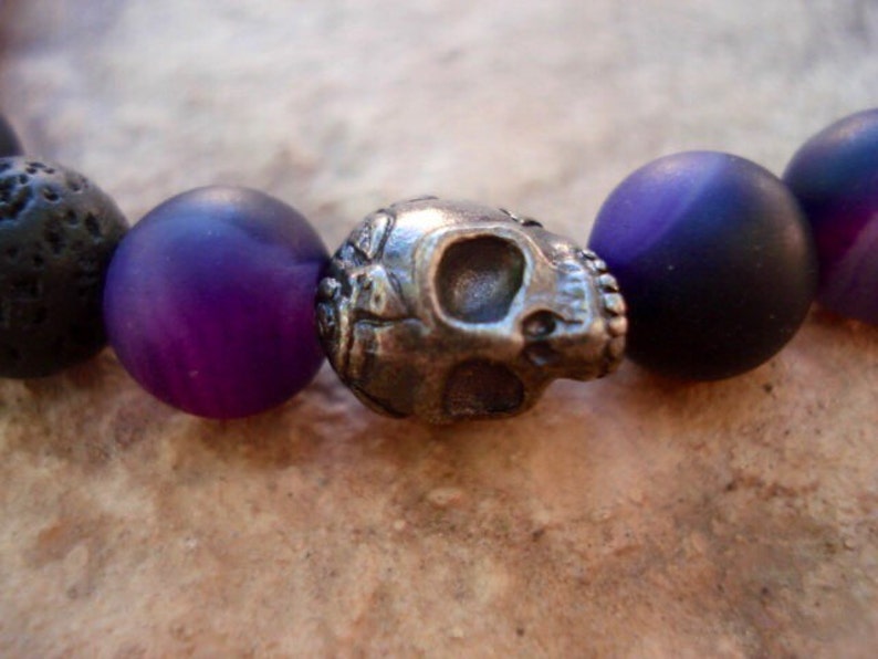 Mens Skull Bracelet, Mens Black Beaded Bracelet, Purple Jade Bracelet, Essential Oil Bracelet, Lava Bracelet, Purple Bracelet. image 2