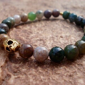 Fancy Jasper Skull Bracelet: 22k Gold Plated Pewter, Goth Beaded Stretch Bracelet