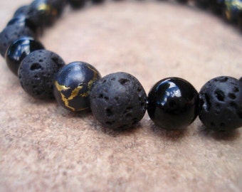 Lava Bracelet, Essential Oil Bracelet, Black Bracelet, Gold Bead Glass Bracelet, Minimalist Bracelet, Men Jewelry, Women Bracelet