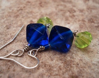 Peridot Green and Cobalt Blue Earrings, Glass Charm Earrings, Dangle Earrings, Drop Earrings, Fun Earrings, Gift For Her