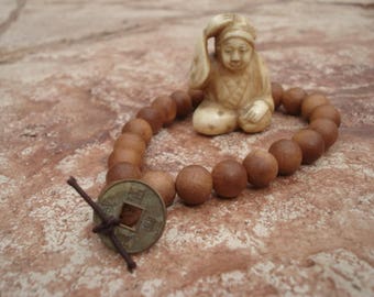 Sandalwood Mala Bracelet: 8mm Beads, Prosperity Coin, Yoga Jewelry