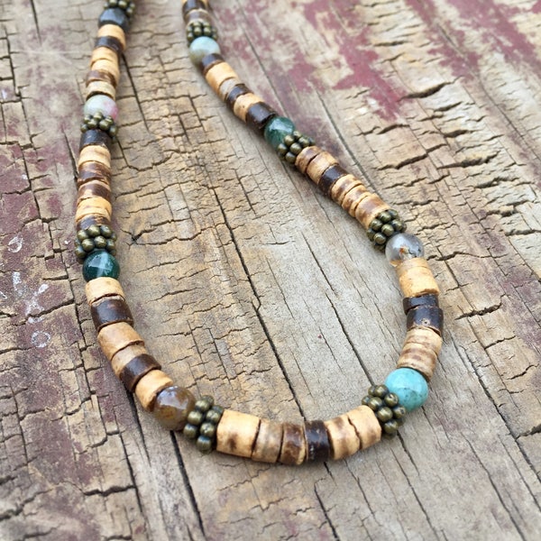 Mens Beaded Necklace, Mens Beach Necklace, Rustic Necklace, Nautical Jewelry, Women's  Necklace, Jasper Brass Necklace, Coconut Necklace