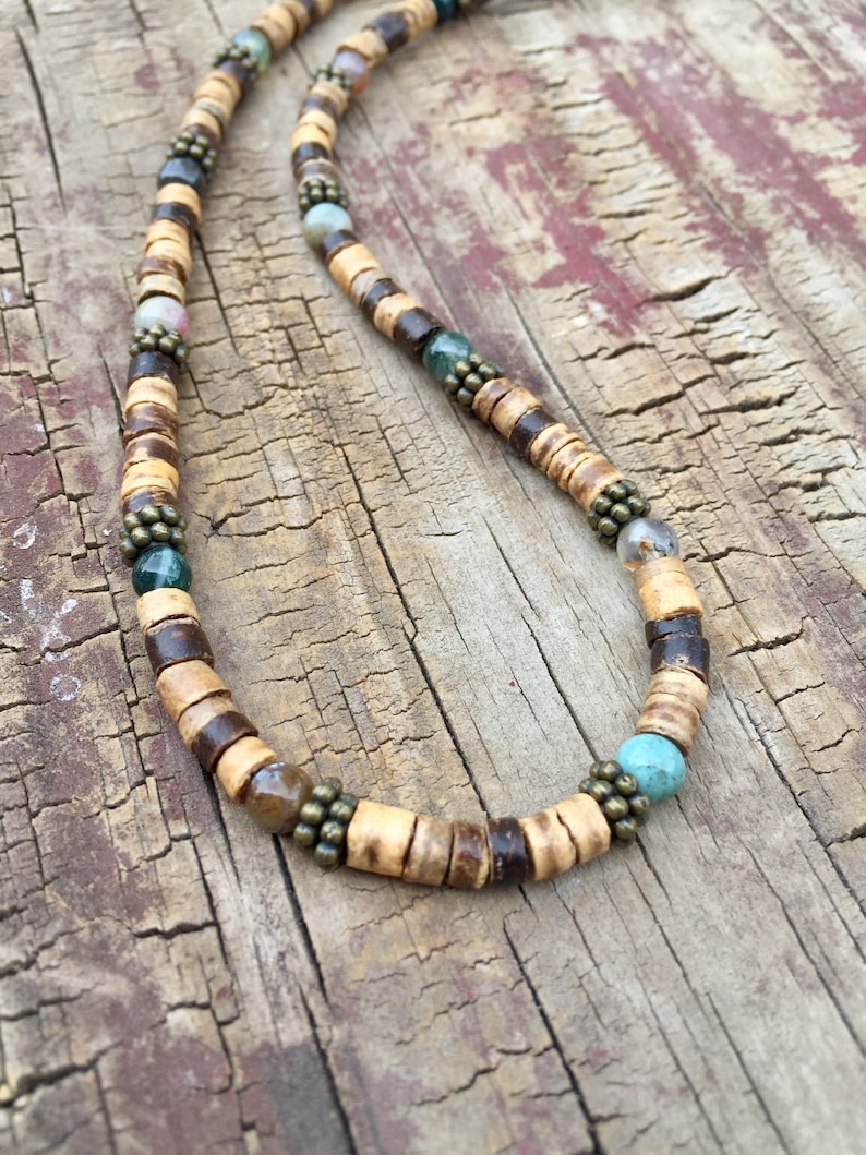 Mens Beaded Necklace, Mens Beach Necklace, Rustic Necklace, Nautical Jewelry, Women's Necklace, Jasper Brass Necklace, Coconut Necklace image 1