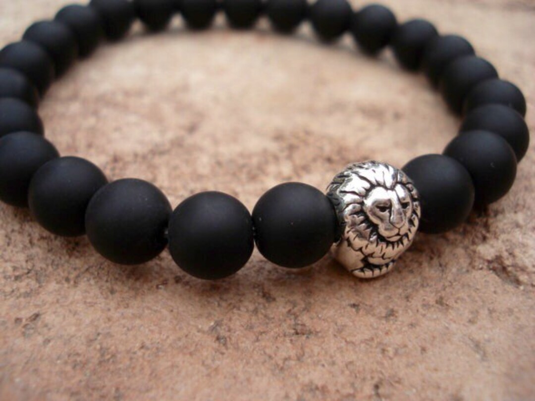 Mens Matte Black Onyx Bracelet: Antique Silver Lion Charm