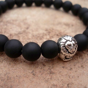 Mens Matte Black Onyx Bracelet: Antique Silver Lion Charm