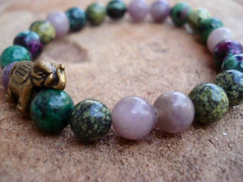 Elephant Bracelet, Green Bracelet, Purple Bracelet, Crystal Healing Bracelet, Stretch Bracelet, Handmade Jewelry, African Jewelry image 4