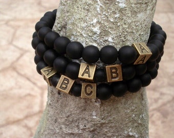 Initial Bracelet, Black Bead Bracelet, Onyx Bracelet, Initial Jewelry, Custom Bracelet, Bracelets for Men, Letter Personalized Bracelet