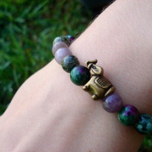 Elephant Bracelet, Green Bracelet, Purple Bracelet, Crystal Healing Bracelet, Stretch Bracelet, Handmade Jewelry, African Jewelry image 1