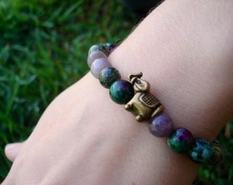 Elephant Bracelet, Green Bracelet, Purple Bracelet, Crystal Healing Bracelet, Stretch Bracelet, Handmade Jewelry, African Jewelry