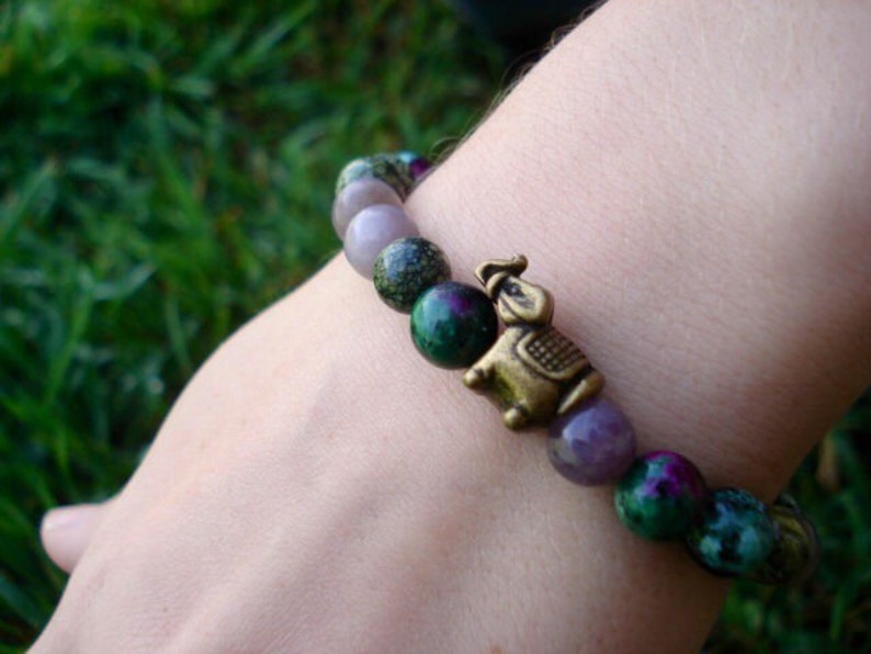 Elephant Bracelet, Green Bracelet, Purple Bracelet, Crystal Healing Bracelet, Stretch Bracelet, Handmade Jewelry, African Jewelry image 1