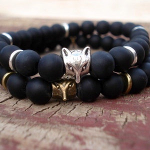 Bijoux renard, Bracelet renard, Bracelet onyx noir, Bracelets empilables, Bracelet pour homme, Bracelet pour femme, Bracelet de perles, Bracelet extensible image 1