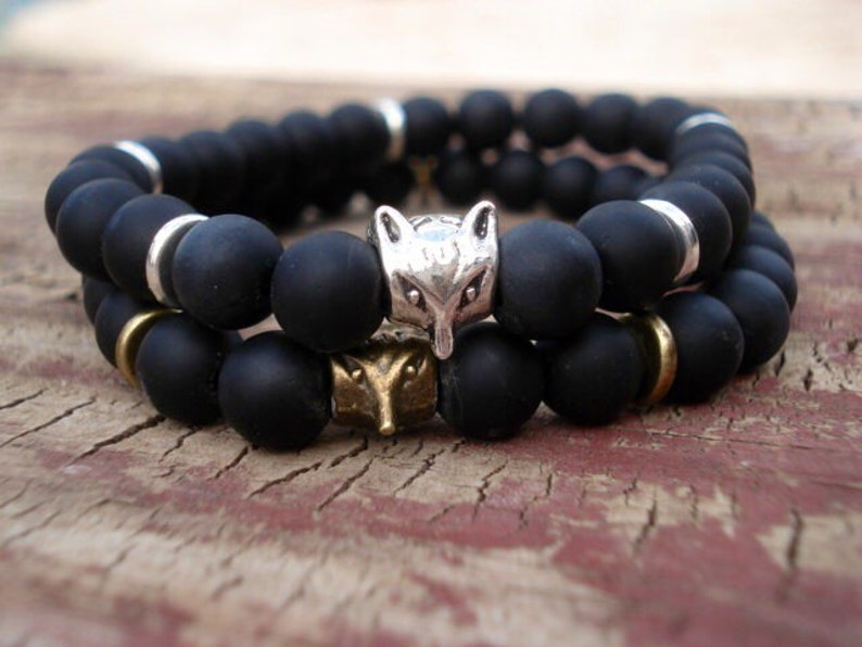 Bijoux renard, Bracelet renard, Bracelet onyx noir, Bracelets empilables, Bracelet pour homme, Bracelet pour femme, Bracelet de perles, Bracelet extensible image 1