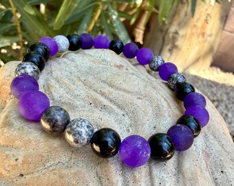 Amethyst Agate Beaded Bracelet: Purple Gemstone Jewelry
