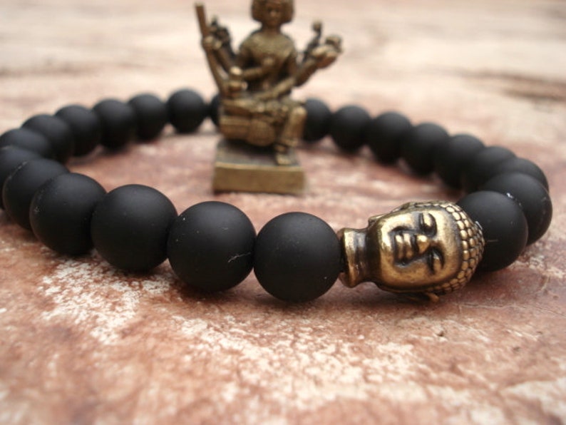 Pulsera de Buda, pulsera de ónix negro, pulsera de cuentas de oración budista, pulsera de oración para mujeres, pulsera de cuentas para hombre, pulsera mala para ella imagen 8