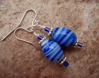 Blue Milk Glass Earrings, Cobalt Blue and White Earrings, Bali Silver Earrings, Dangle Earrings, Drop Earrings, Gift For Her