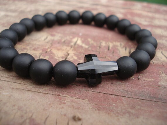 Mens Black Bead Bracelet Crystal Cross Bracelet Onyx Etsy
