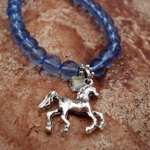 Horse Charm Bracelet, Charm Bracelet, Horse Jewelry, Western Jewelry, Blue Bracelet, Glass Bead Bracelet, Animal Bracelet, Teen Girl Gift image 1