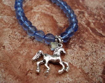 Horse Charm Bracelet, Charm Bracelet, Horse Jewelry, Western Jewelry, Blue Bracelet, Glass Bead Bracelet, Animal Bracelet, Teen Girl Gift