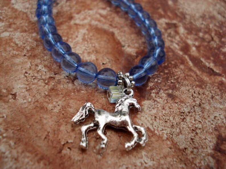 Horse Charm Bracelet, Charm Bracelet, Horse Jewelry, Western Jewelry, Blue Bracelet, Glass Bead Bracelet, Animal Bracelet, Teen Girl Gift image 1