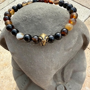 Elephant Bronze Bead Bracelet: Black Agate, Unisex Jewelry