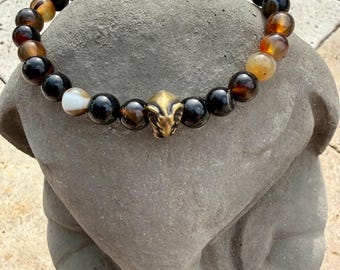Elephant Bronze Bead Bracelet: Black Agate, Unisex Jewelry