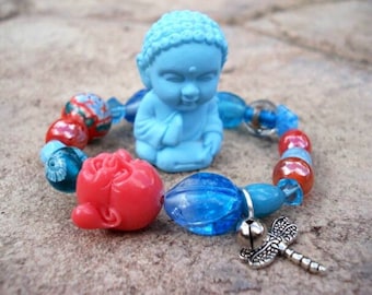 Buddha Bracelet, Murano Bracelet, Teal, Turquoise and Red Murano Glass Bracelet, Dragonfly Charm Bracelet, Peach Coral Buddha Bracelet