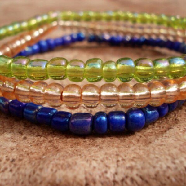 Peridot Blue Peach Stackable Bracelets, Glass Bead Bracelet, Seed Bead Bracelet, Tiny Bead Bracelet, Dainty Bead Bracelet, Hippie Bracelet