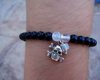 Skull Charm Bracelet, Onyx Bracelet, Moonstone Bracelet, Stretch Beaded Bracelet. Gemstone Bracelet, Goth Bracelet, Steampunk Bracelet, OOAK