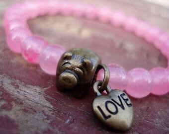 Pig Bracelet, Beaded Stretch Bracelet, Charm Bracelet For Girl, Pink Bracelet with Charm, Love Bracelet for Women, Heart Bracelet for Her