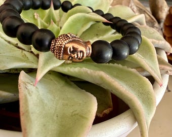 Pulsera Buda de ónix negro: latón antiguo, bronce, cobre, plata u oro, cuentas de oración.