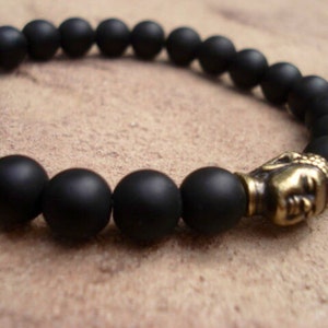 Pulsera de Buda, pulsera de ónix negro, pulsera de cuentas de oración budista, pulsera de oración para mujeres, pulsera de cuentas para hombre, pulsera mala para ella imagen 2