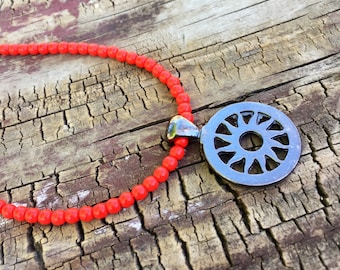 Sun Pendant Necklace, Beaded Orange Necklace, Coral Necklace, Beach Necklace, Beach Jewelry, Toggle Necklace, Nature Jewelry, Boho Necklace