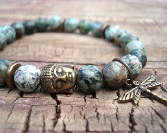 Buddha Bracelet, Dragonfly Bracelet, African Turquoise Bracelet, Beaded Stretch Bracelet, Turquoise Bracelet, Handmade Jewelry