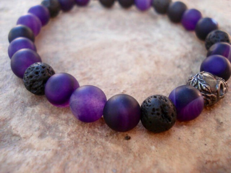 Mens Skull Bracelet, Mens Black Beaded Bracelet, Purple Jade Bracelet, Essential Oil Bracelet, Lava Bracelet, Purple Bracelet. image 3
