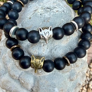 Pulsera de zorro de ónix negro: pulsera de cuentas de plata tibetana