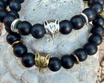Black Onyx Fox Bracelet: Tibetan Silver Beaded Bracelet