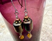 Iridescent Glass Drop Earrings: Bronze Flower Accent, Hippie Jewelry