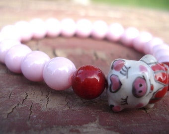 Pig Bracelet, Animal Bracelet, Pigs, Pig Jewelry, Pink Beaded Bracelet, Pig Collectibles, Girls Jewelry, Stretch Bracelet, Animal Jewelry