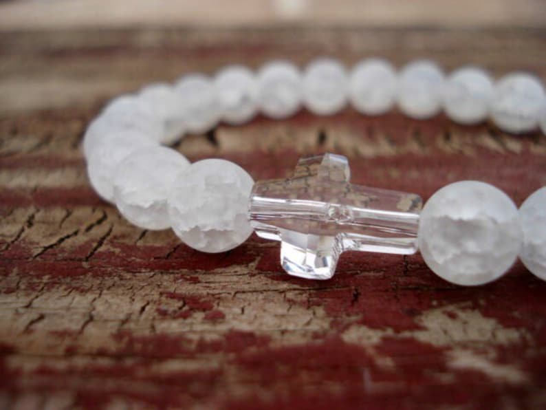 Cross Bracelet, White Quartz Bracelet, Crystal Bracelet, Beaded Bracelet, Christian Jewelry, Christian Bracelet, Religious Jewelry image 1