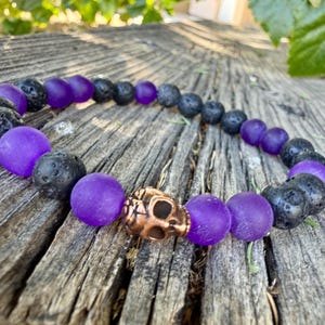 Mens Purple Jade & Lava Stone Bracelet with Skull
