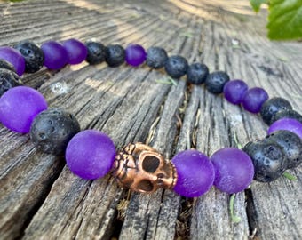 Mens Purple Jade & Lava Stone Bracelet with Skull