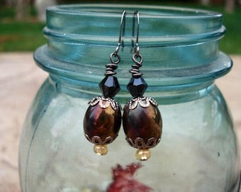 Swarovski Crystal Earrings, Iridescent Brown Czech Glass Earrings, Dangle Drop Earrings, Bohemian Boho Hippie Earrings, Women's Earrings