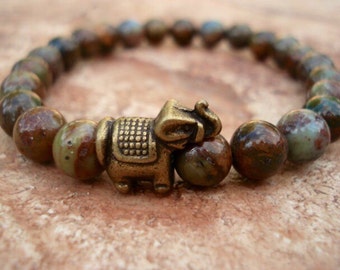 Elephant Bracelet: Green Opal Beaded Stretch Bracelet with Bronze Charm