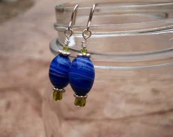 Blue Milk Glass Earrings, Cobalt Blue Beaded Earrings, Peridot Seed Bead Earrings, Bali Silver Earrings, Dangle Drop Hook Earrings, OOAK