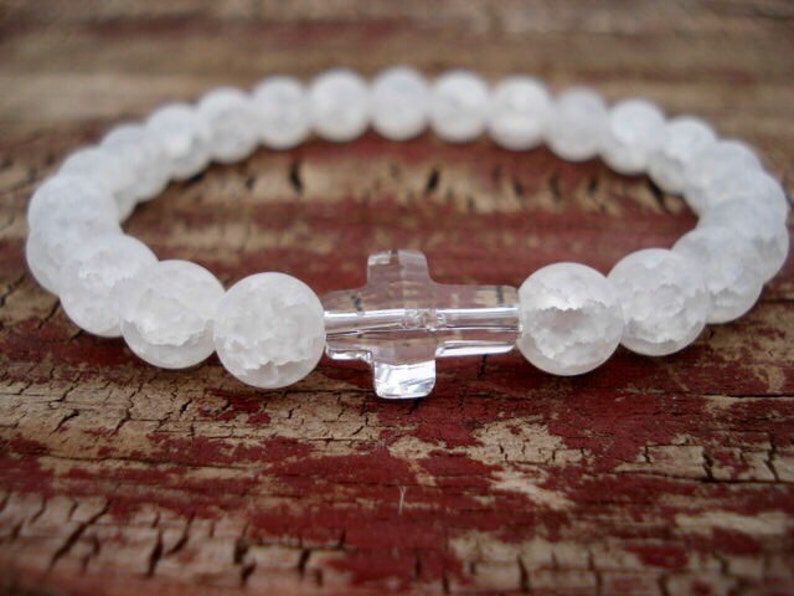 Cross Bracelet, White Quartz Bracelet, Crystal Bracelet, Beaded Bracelet, Christian Jewelry, Christian Bracelet, Religious Jewelry image 2